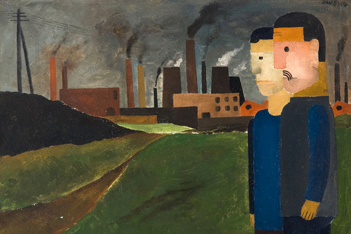 Franz Seiwert, Zwei Arbeiter vor Industrielandschaft, 1924, Öl auf Pappe